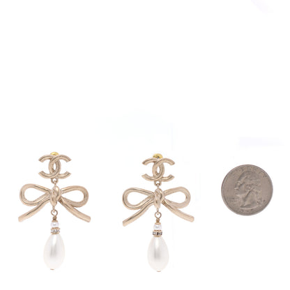 Chanel Pearl Bow CC Drop Earrings Gold 2 of 5