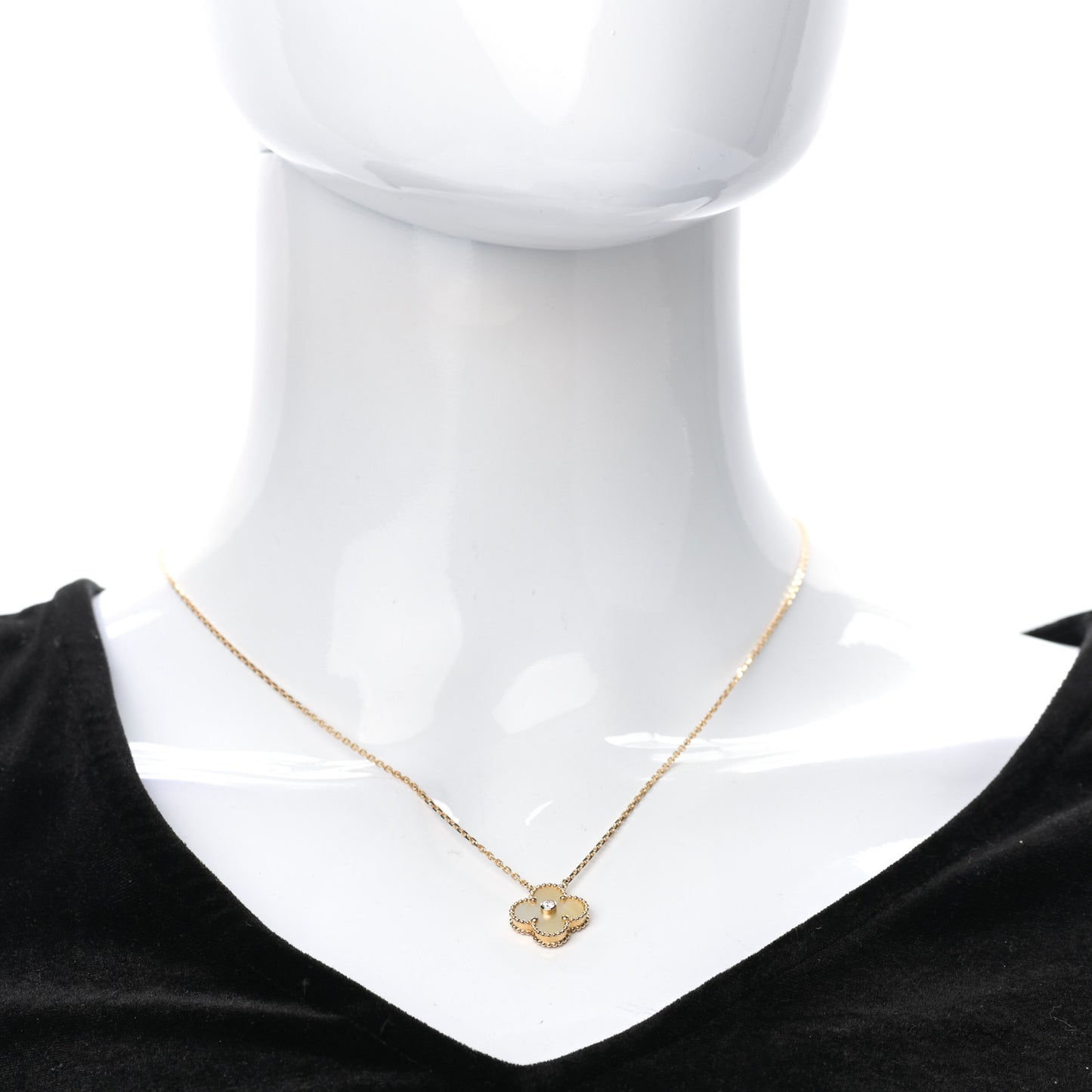 18K Yellow Gold Diamond Yellow Mother of Pearl Vintage Alhambra Pendant Necklace