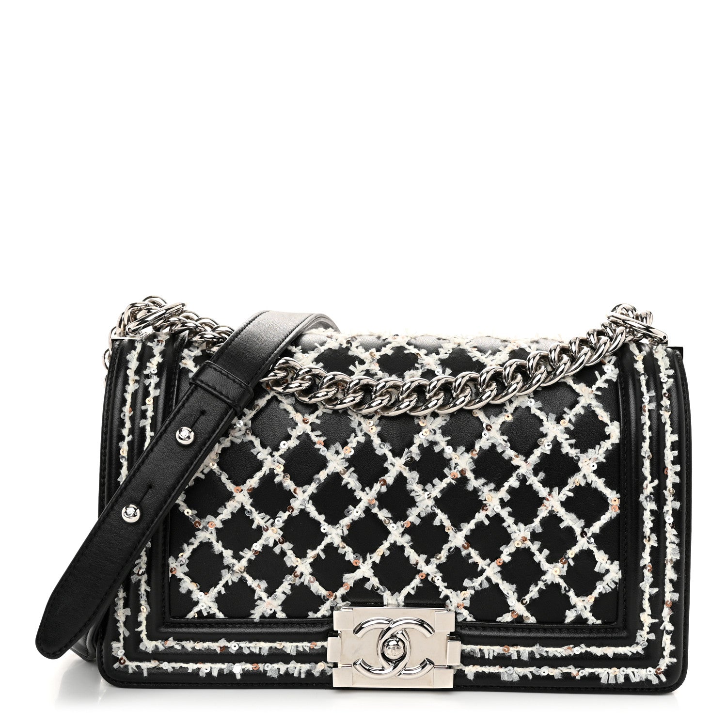 Chanel Lambskin Sequin Embroidered Medium Boy Flap Black White 1 of 11