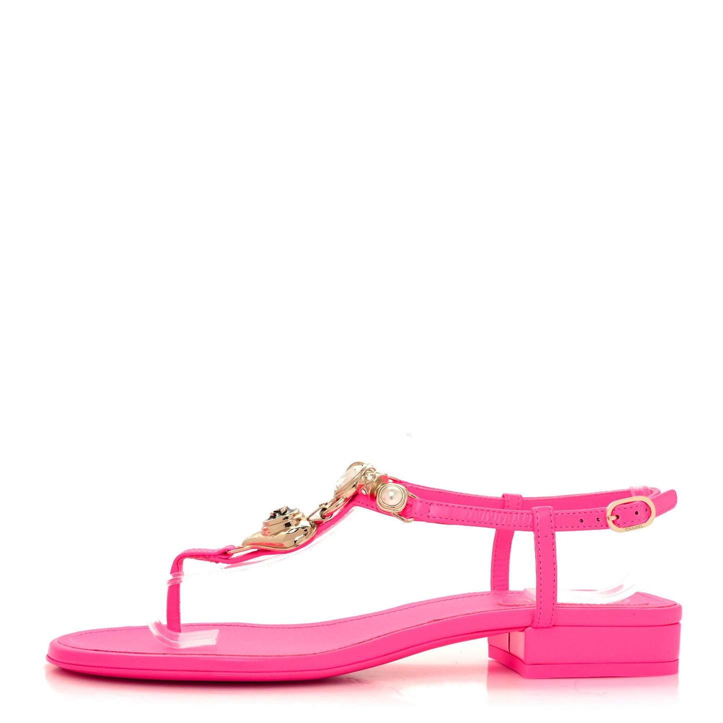 Shiny Lambskin Pearl Crystal CC Heart Thong Sandals 38 Neon Pink