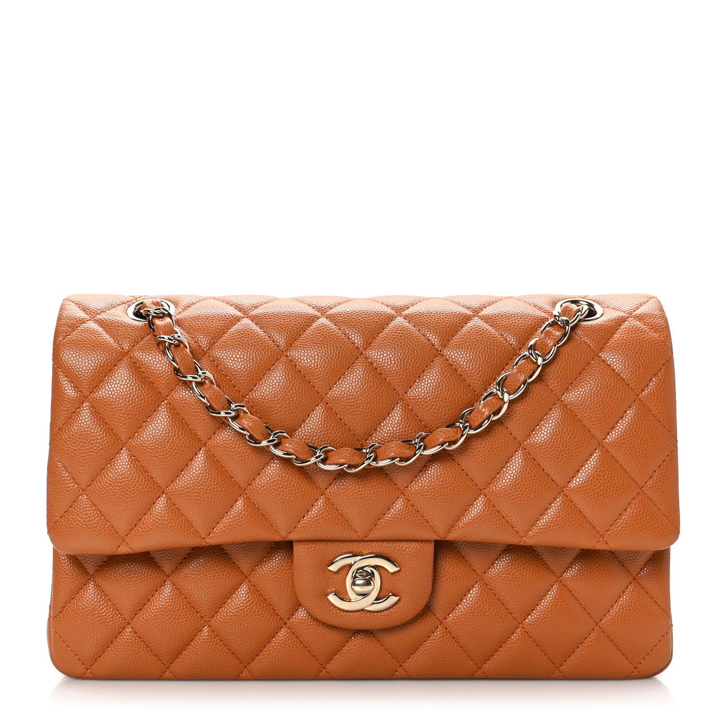 Caviar Quilted Medium Double Flap Light Brown