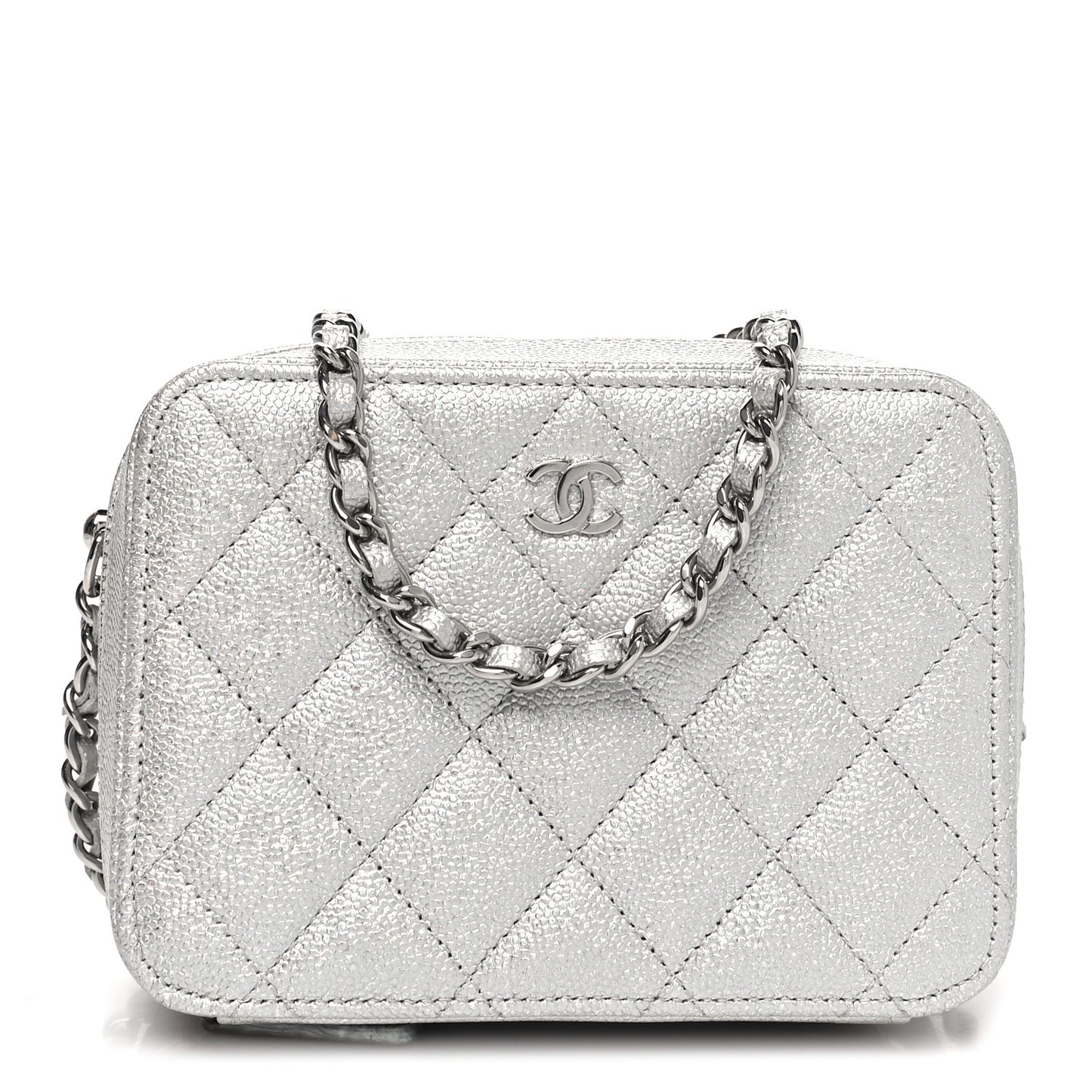 Metallic Caviar Quilted Camera Bag Silver