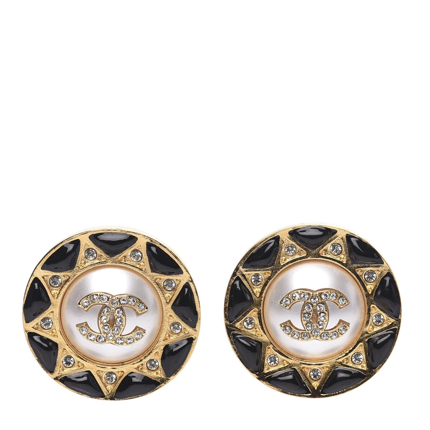 Chanel Pearl Crystal CC Round Earrings Gold Black 1 of 4