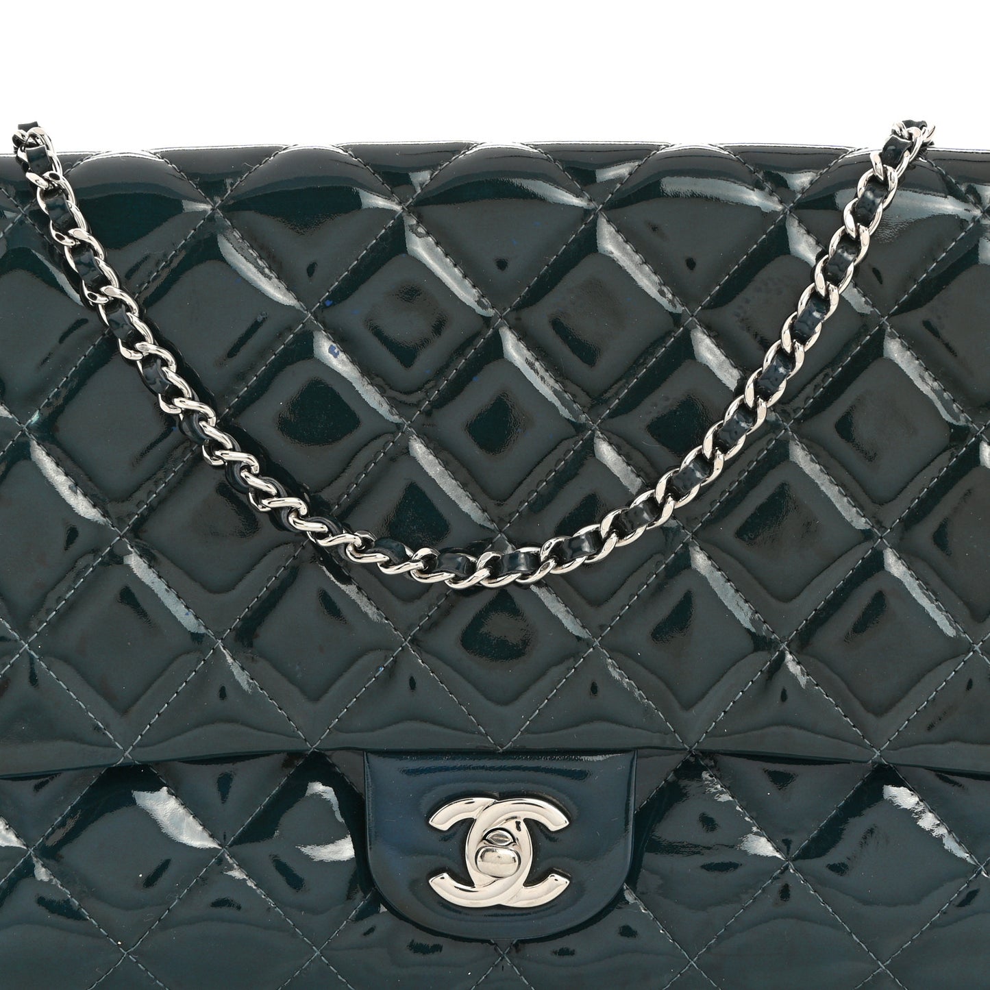 Patent Quilted Clutch with Chain Flap Blue