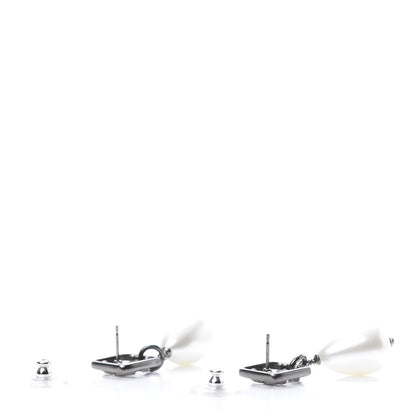 Chanel Ruthenium Crystal Pearl CC Square Drop Earrings Pearly White 3 of 5