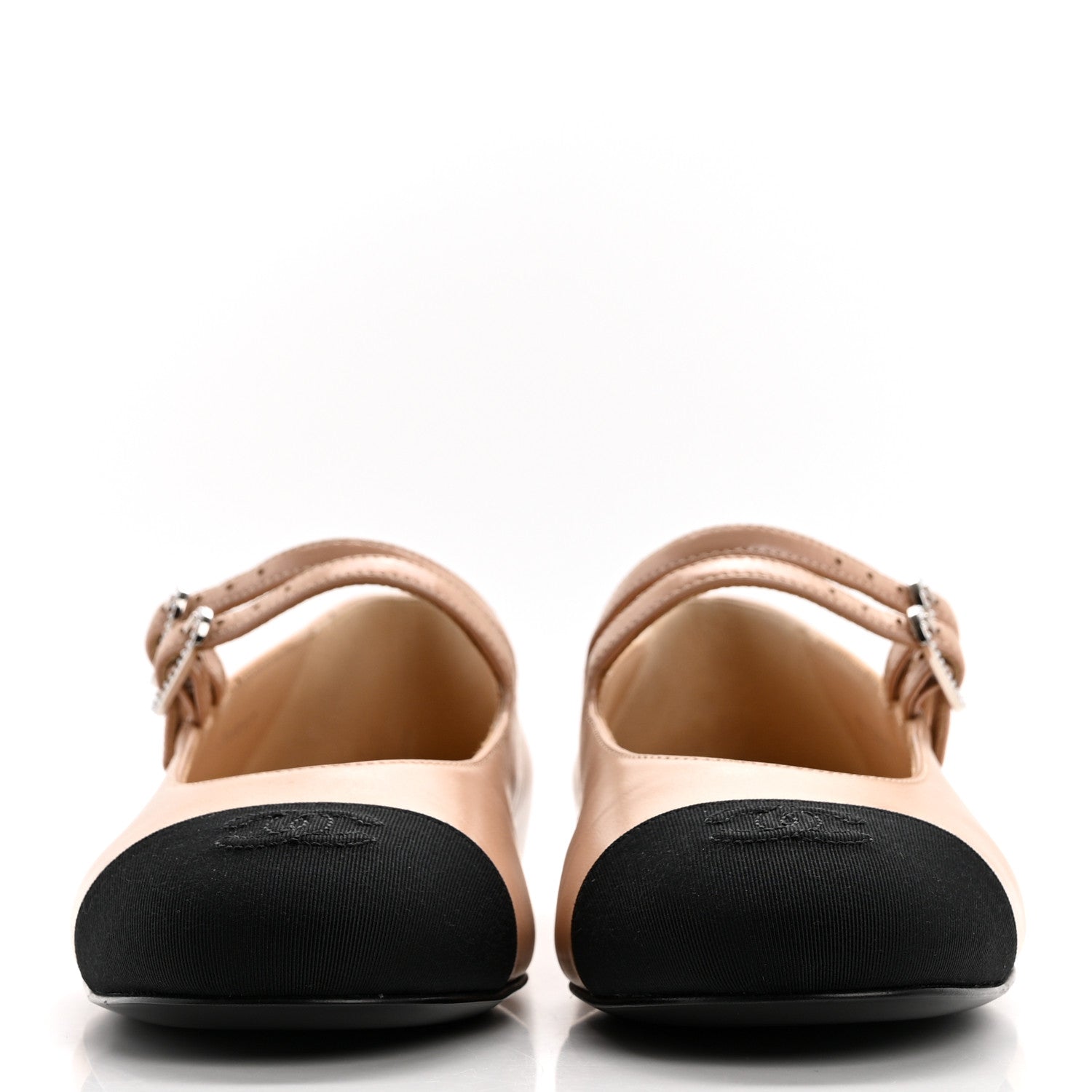 Chanel Lambskin Grosgrain Pearl Mary Jane Flats 38 Beige Black 2 of 9
