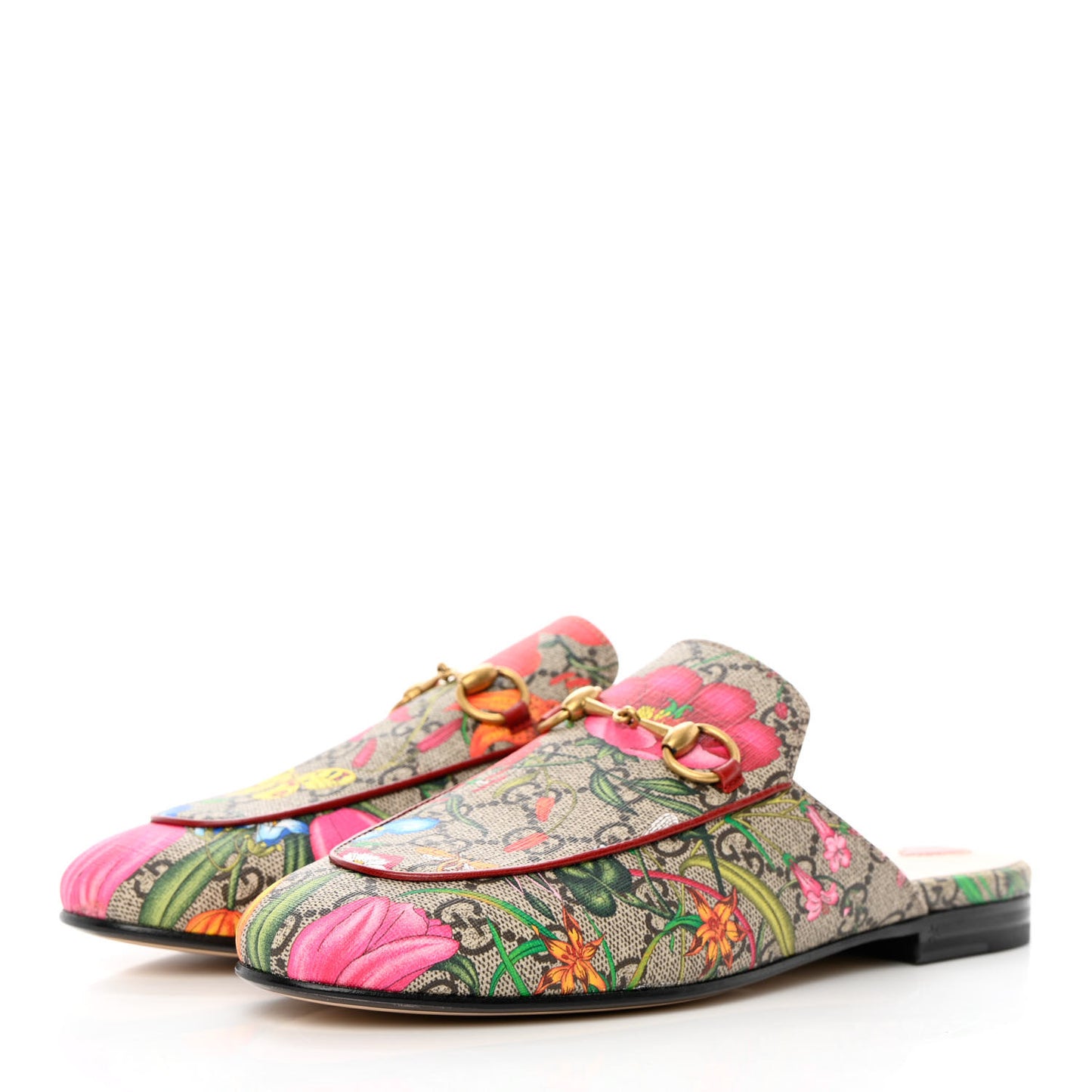 GG Supreme Monogram Flora Womens Princetown Slippers 37.5 Beige Ebony Multicolor Rosso