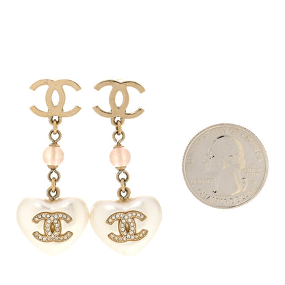 Chanel Metal Pearl Crystal Bead CC Heart Drop Earrings Pink Gold 2 of 4