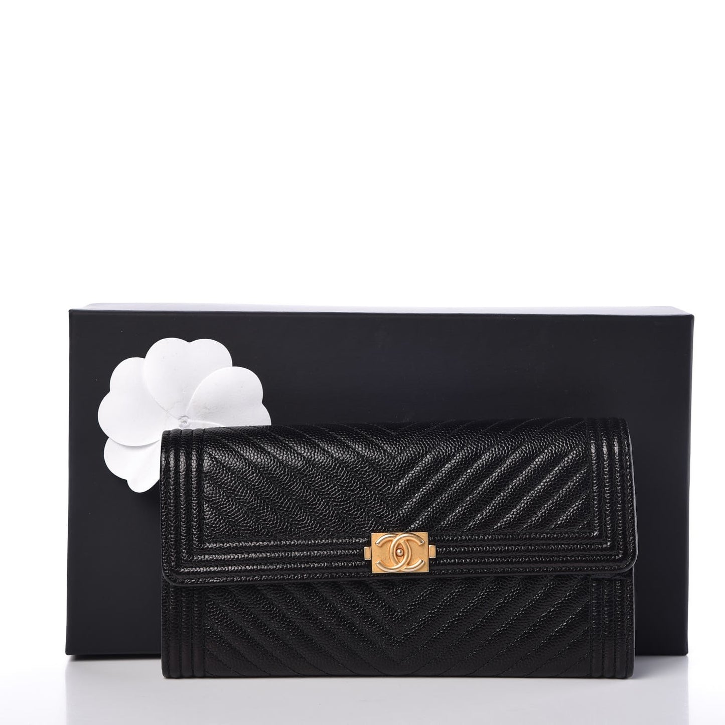 Caviar Chevron Quilted Boy Flap Wallet Black