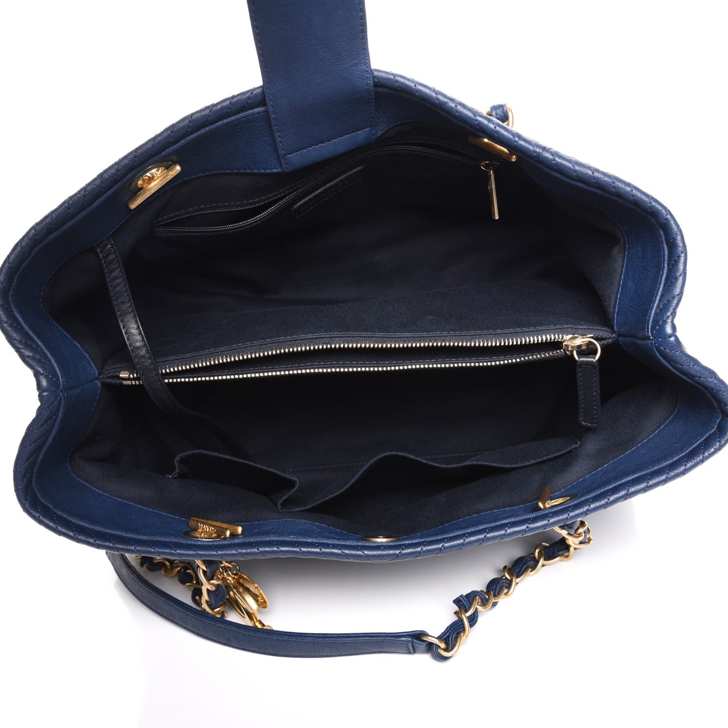 Wrinkled Lambskin Chevron Quilted Large Surpique Tote Navy Blue