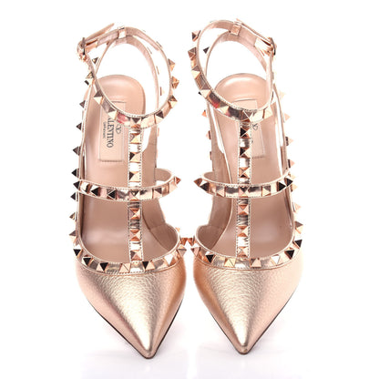Valentino Garavani Metallic Pebbled Calfskin Rockstud Ankle Strap 100mm Pumps 38 Rame 5 of 12