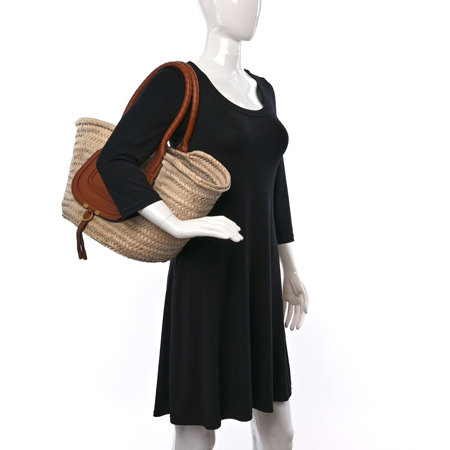 Raffia Small Grain Calfskin Medium Marcie Basket Tan