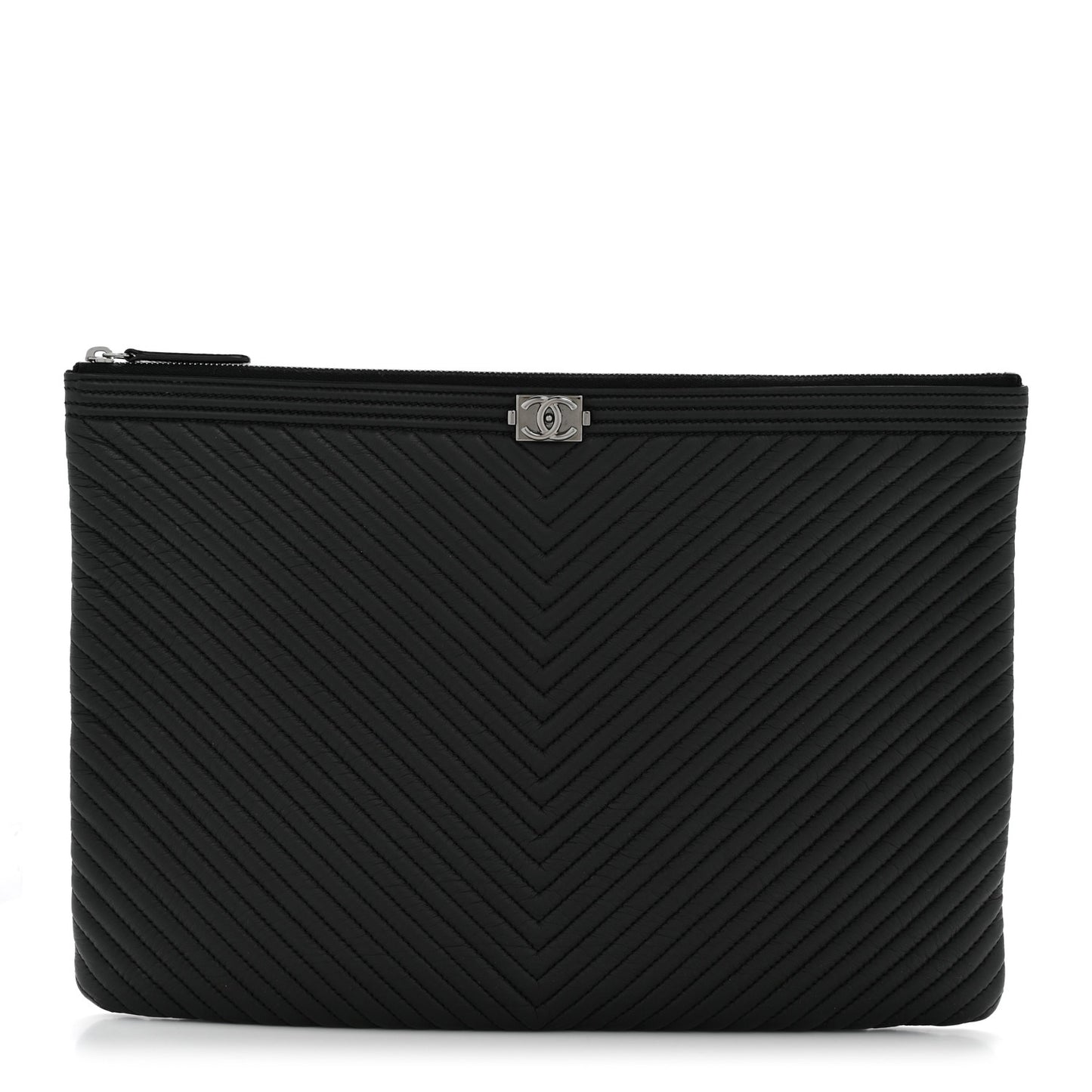 Calfskin Chevron Quilted Large Boy Cosmetic Case Black