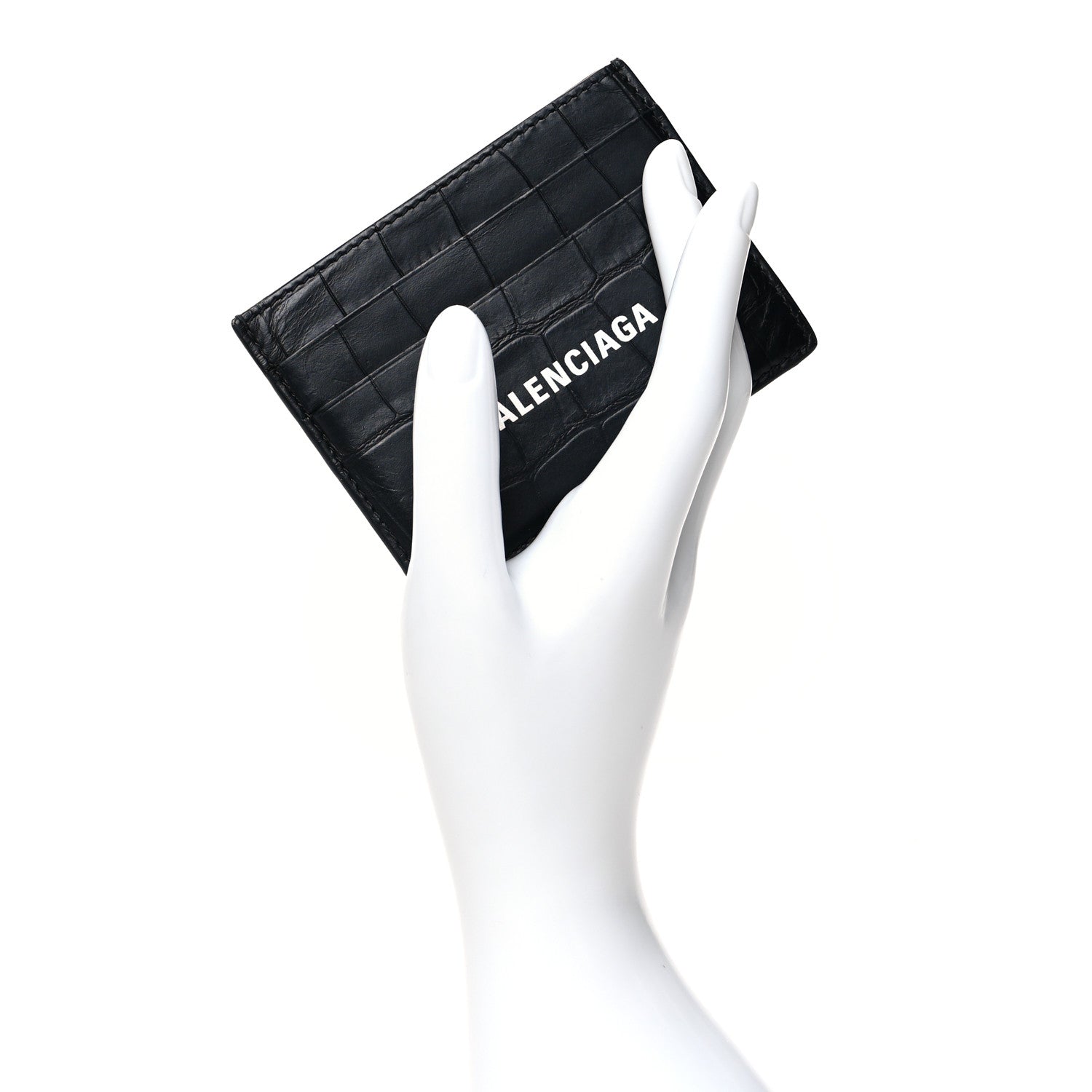Balenciaga Semi Matte Calfskin Logo Crocodile Embossed Cash Card Holder Black 2 of 8