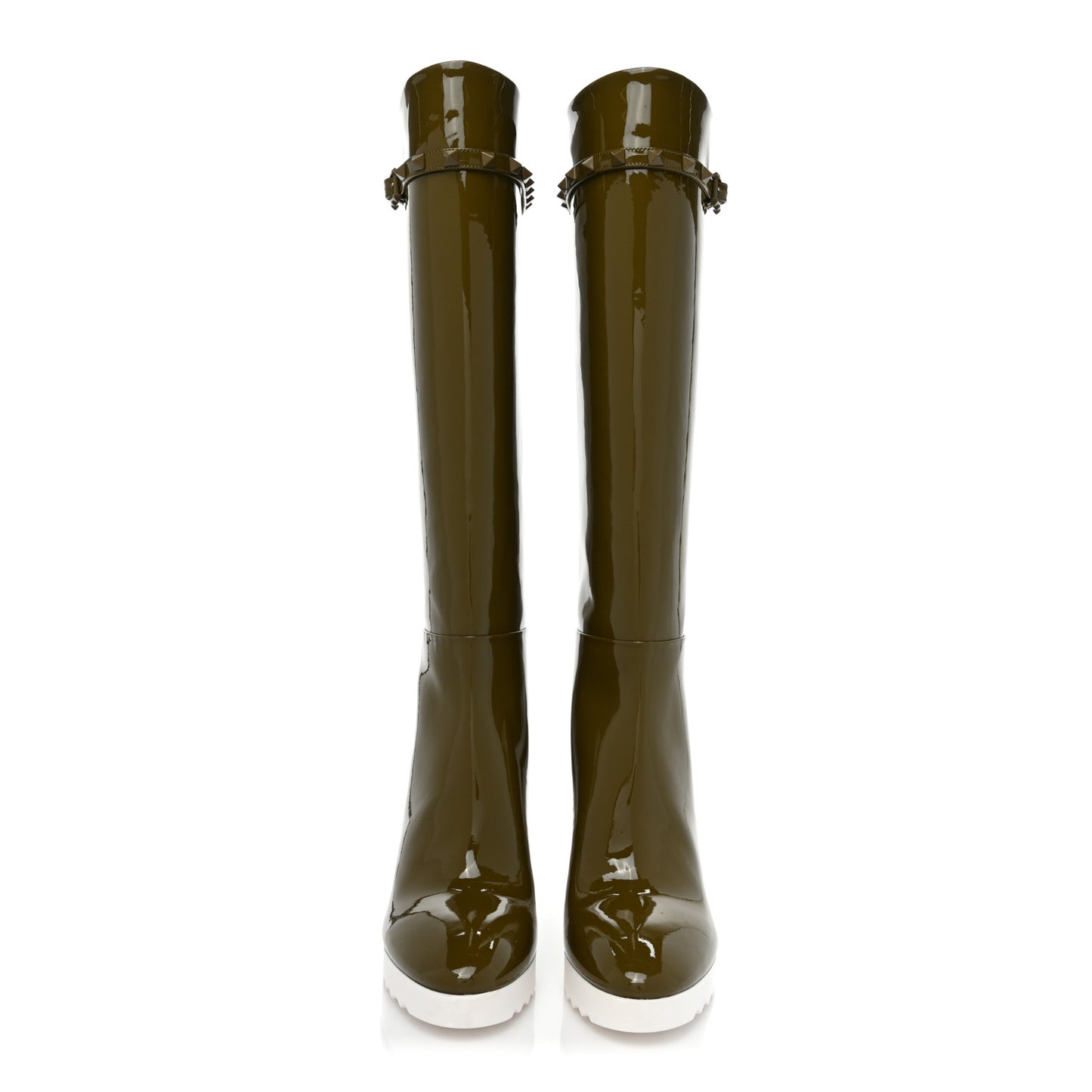 Patent Rockstud Knee High 15/100mm Wedge Boots 36 Lichen White