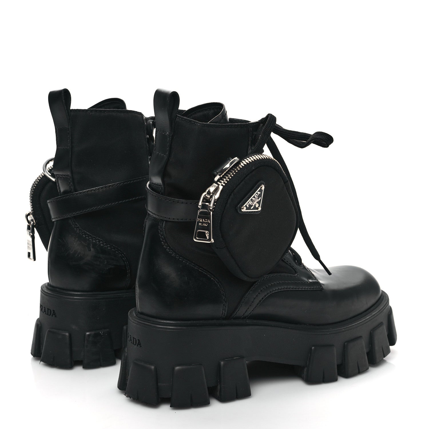 Prada Spazzolato Rois Nylon Metal Triangle Logo Monolith Pouch Pocket 55mm Boots 35.5 Black 9 of 18