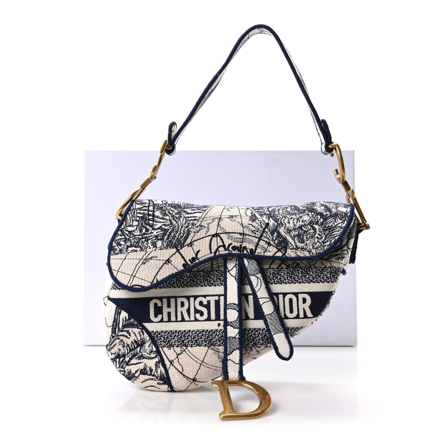 Canvas Embroidered Around the World Saddle Bag Blue