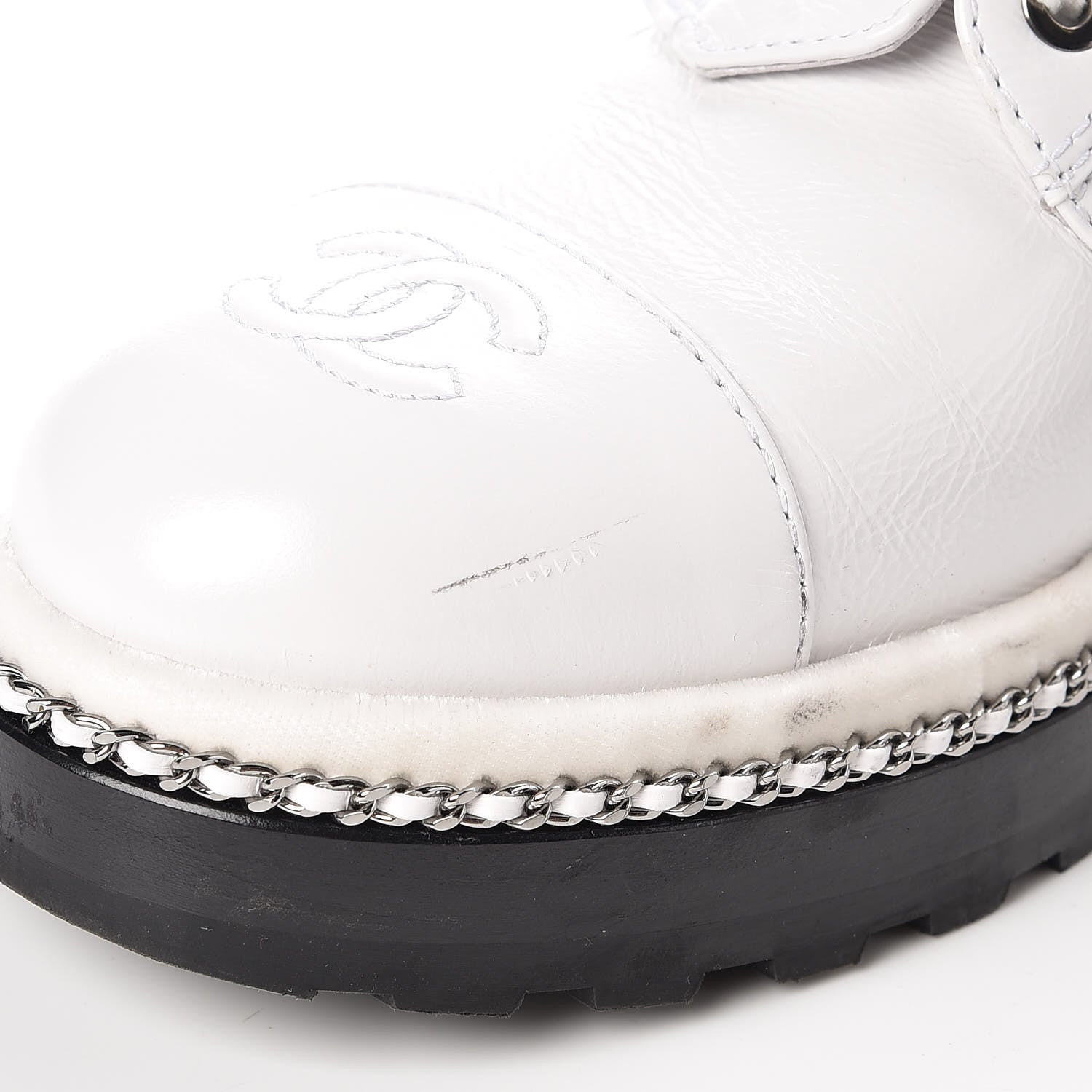 Chanel Crackled Calfskin Pearl Chain CC Combat Short Boots 40 White 10 of 16