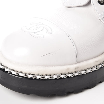 Chanel Crackled Calfskin Pearl Chain CC Combat Short Boots 40 White 10 of 16