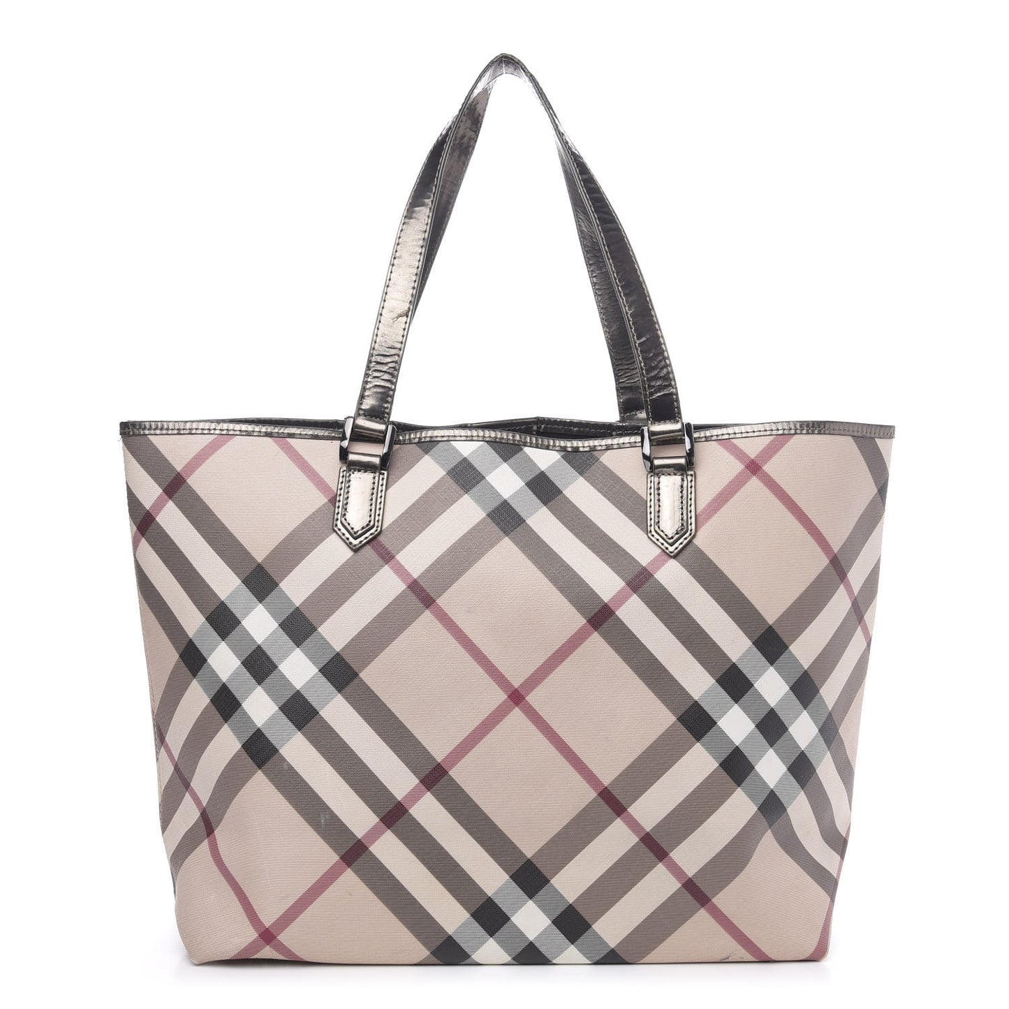 Metallic Calfskin Nova Check Shopper Tote Pewter