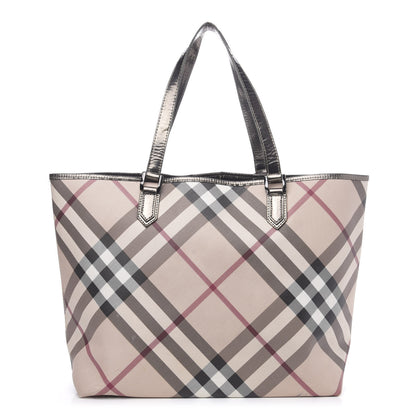 Burberry Metallic Calfskin Nova Check Shopper Tote Pewter 1 of 23