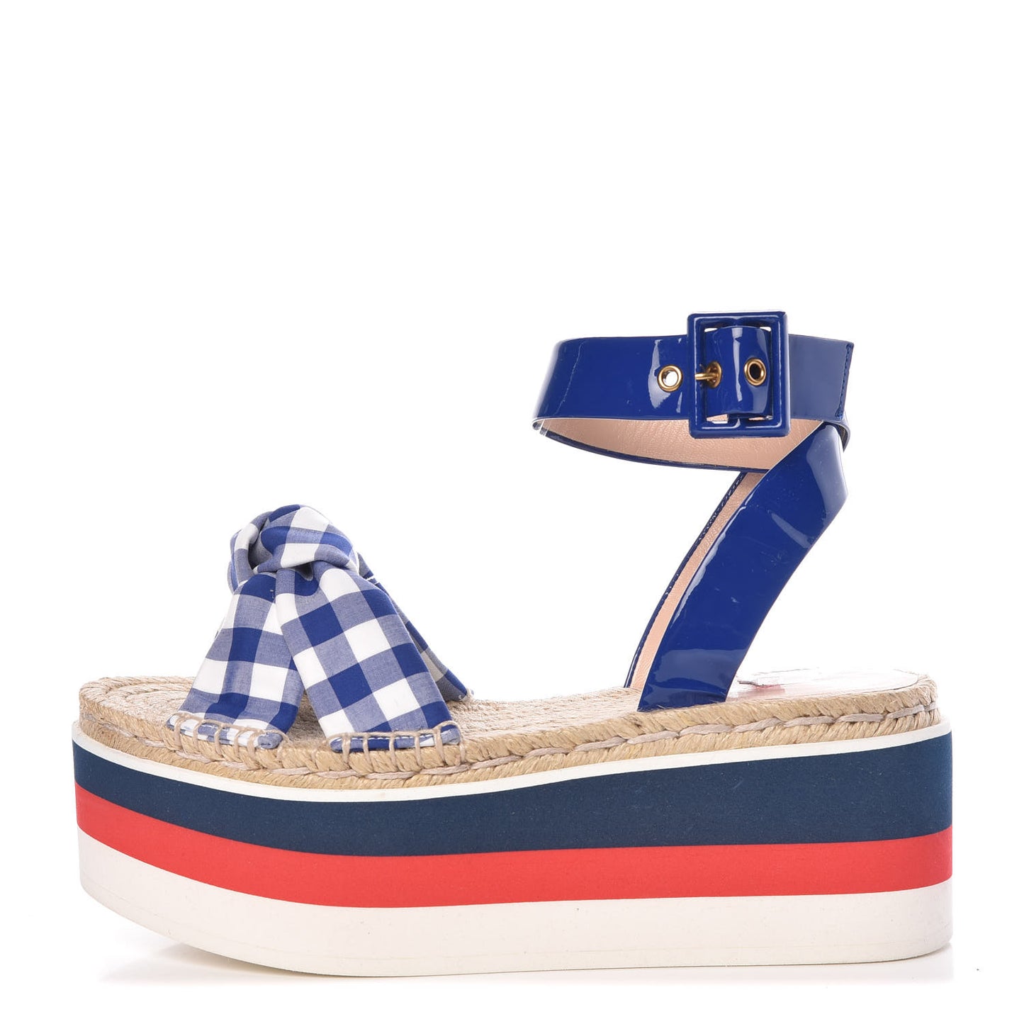 Patent Cotton Gingham Sefir Espadrille Platform Sandals 37 Blue White