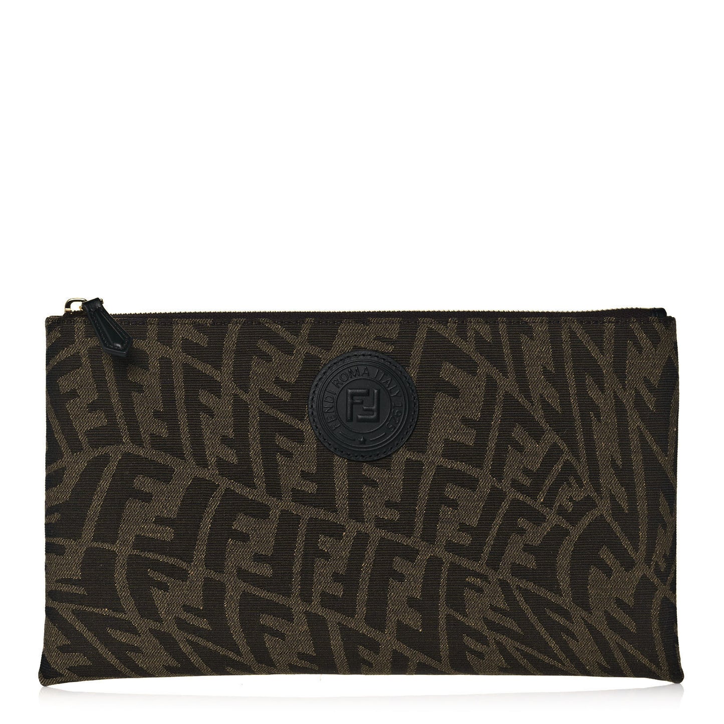 X SARAH COLEMAN Fabric Jacquard Vitello King FF Vertigo Medium Flat Pouch Tobacco Moro Black