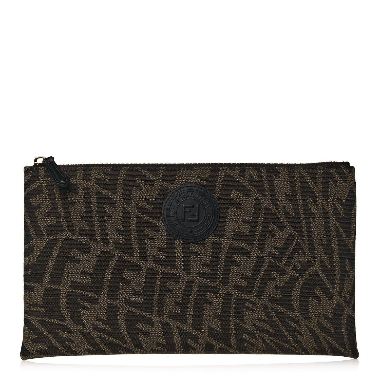 Fendi X SARAH COLEMAN Fabric Jacquard Vitello King FF Vertigo Medium Flat Pouch Tobacco Moro Black 1 of 14