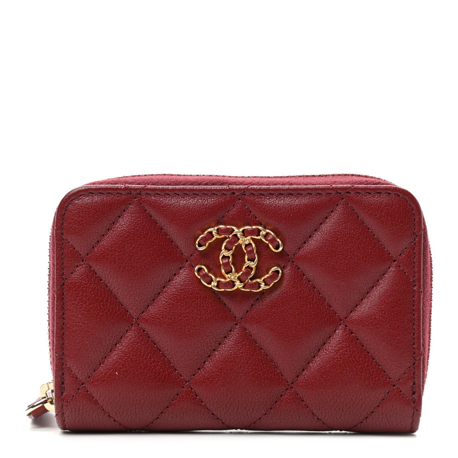 Chanel Lambskin Quilted Chanel 19 Zip Around Coin Purse Wallet Dark Red 1 of 7