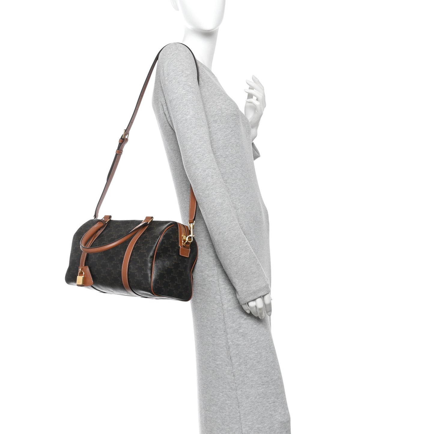 Triomphe Canvas Calfskin Boston Bag Tan
