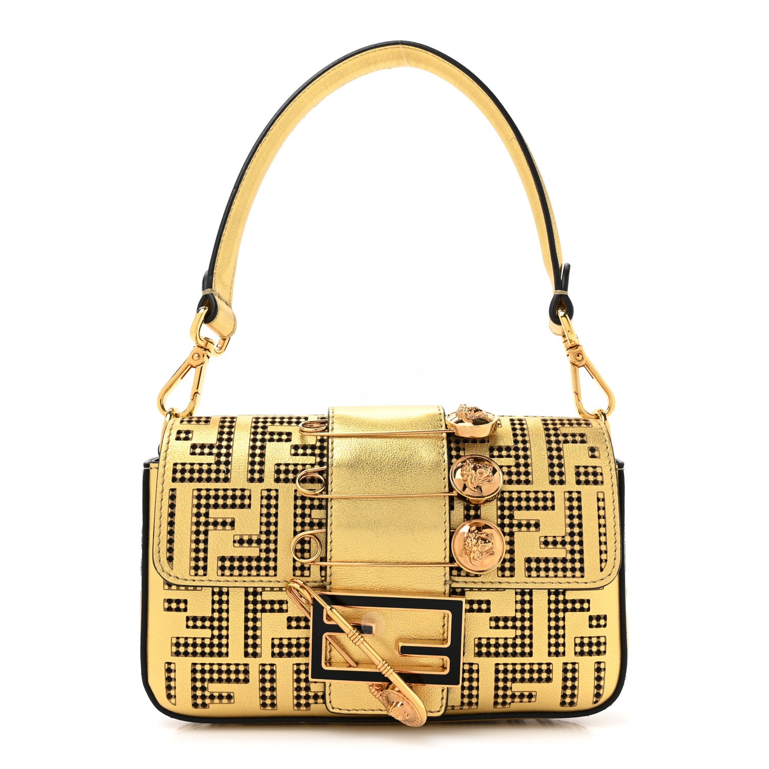 Fendi X VERSACE Vitello Laminato Nappa Perforated Fendace FF Baroque Mini Brooch Baguette Gold 1 of 10