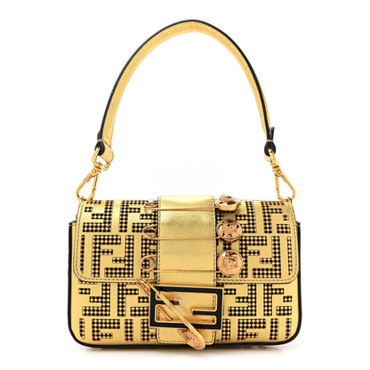 Fendi X VERSACE Vitello Laminato Nappa Perforated Fendace FF Baroque Mini Brooch Baguette Gold 1 of 10