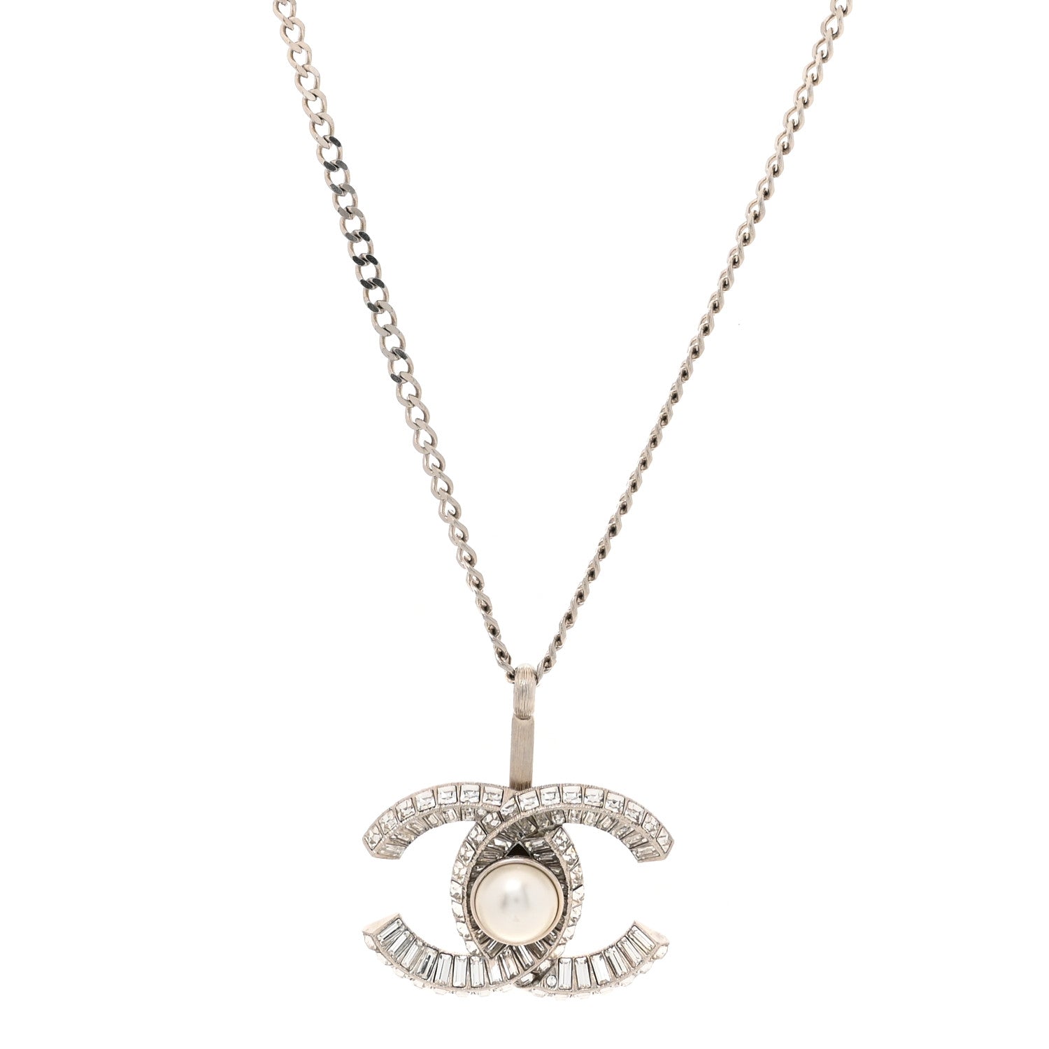 Chanel Pearl Baguette Crystal Large CC Pendant Necklace Silver 1 of 5