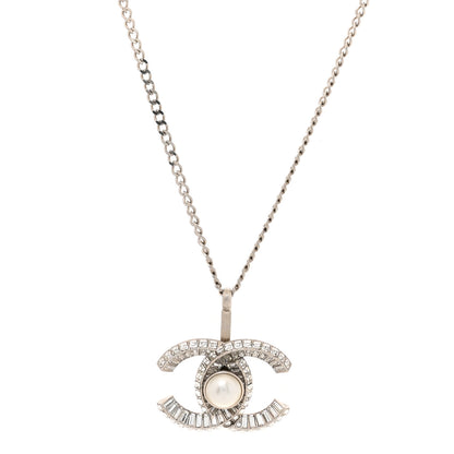Chanel Pearl Baguette Crystal Large CC Pendant Necklace Silver 1 of 5