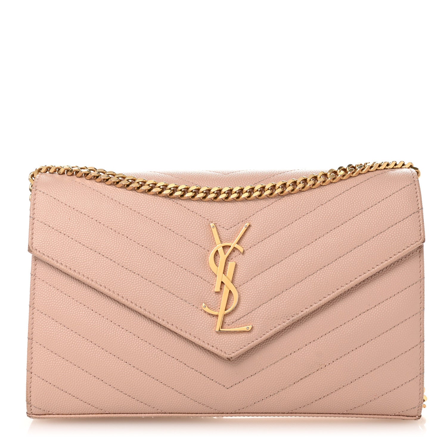 Saint Laurent Grain De Poudre Matelasse Chevron Monogram Chain Wallet Pale Pink 1 of 13