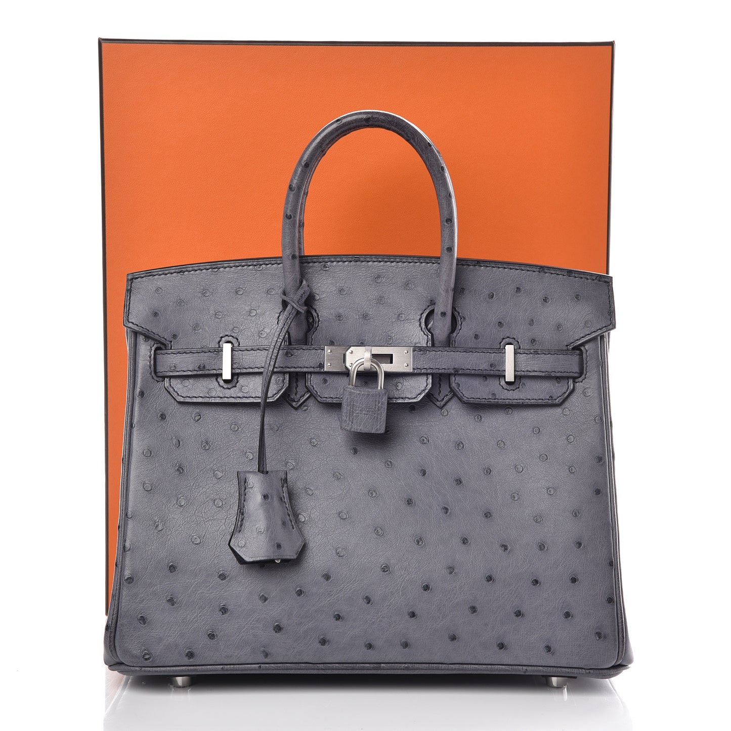 Ostrich Horseshoe Birkin 25 Gris Agate Bleu Marine