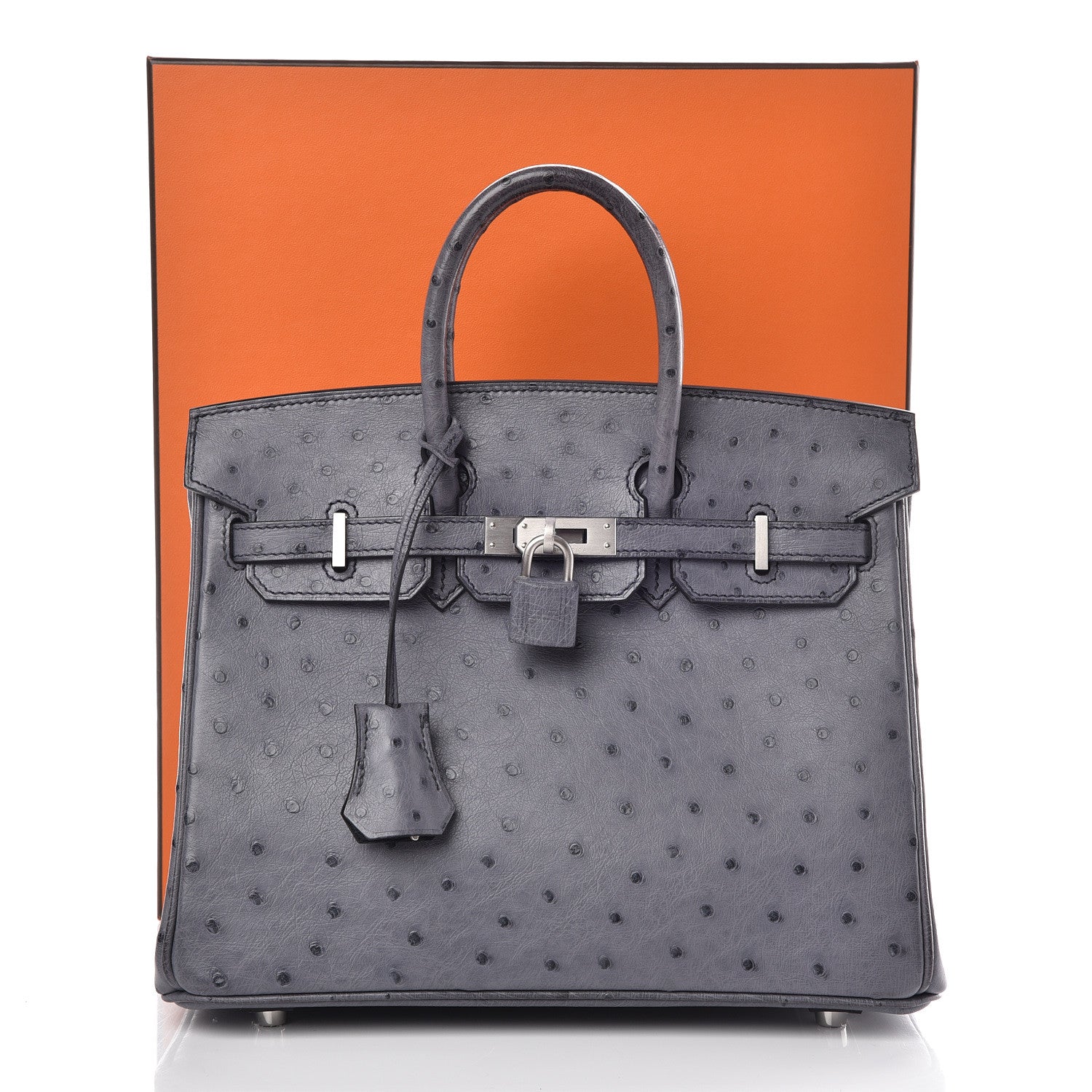 Hermes Ostrich Horseshoe Birkin 25 Gris Agate Bleu Marine 36 of 43