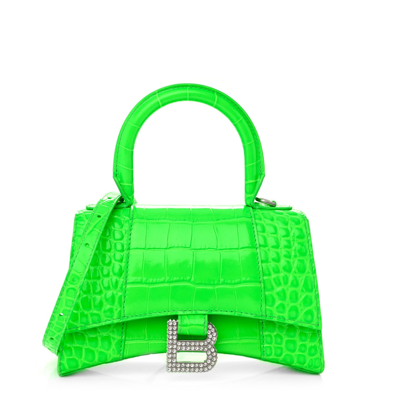 Balenciaga Shiny Calfskin Strass Crocodile Embossed Hourglass Top Handle Bag XS Fluo Green 1 of 11