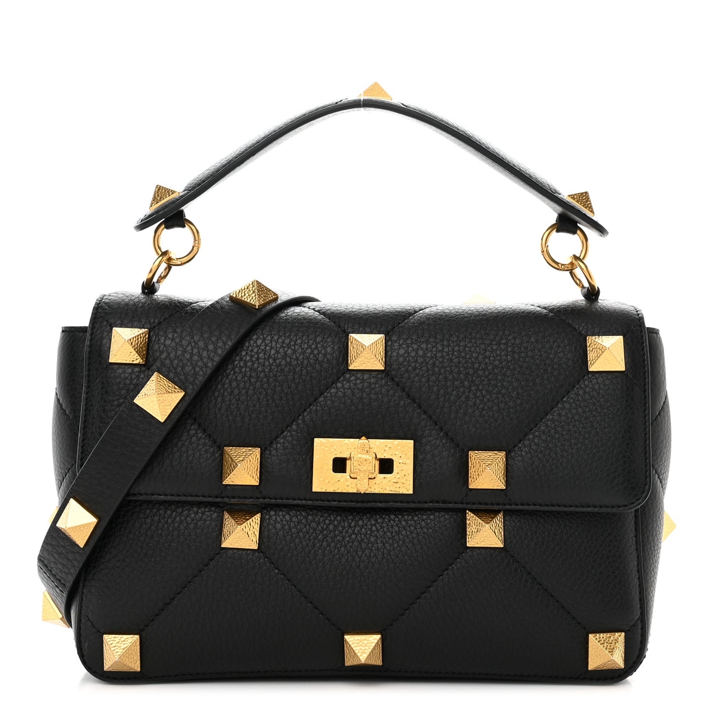 Grained Calfskin Large Roman Stud Shoulder Bag Black