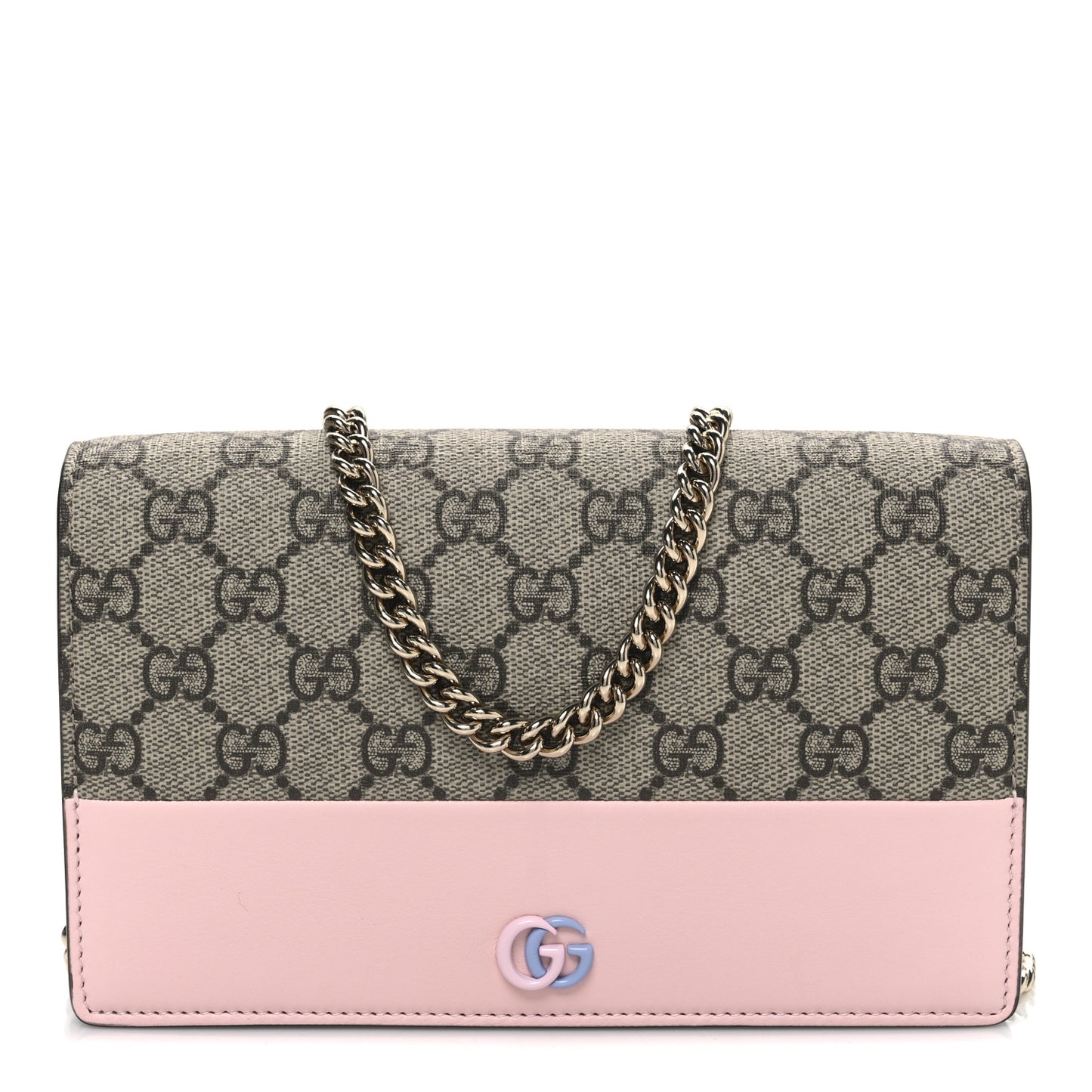 GG Supreme Monogram Textured Dollar Calfskin Mini GG Marmont Chain Wallet Light Pink Blue Beige