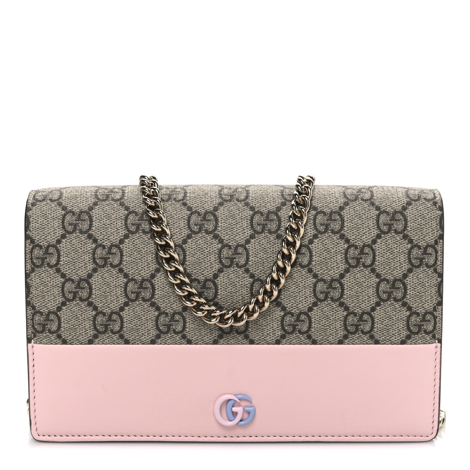 Gucci GG Supreme Monogram Textured Dollar Calfskin Mini GG Marmont Chain Wallet Light Pink Blue Beige 1 of 9