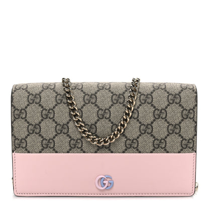 Gucci GG Supreme Monogram Textured Dollar Calfskin Mini GG Marmont Chain Wallet Light Pink Blue Beige 1 of 9
