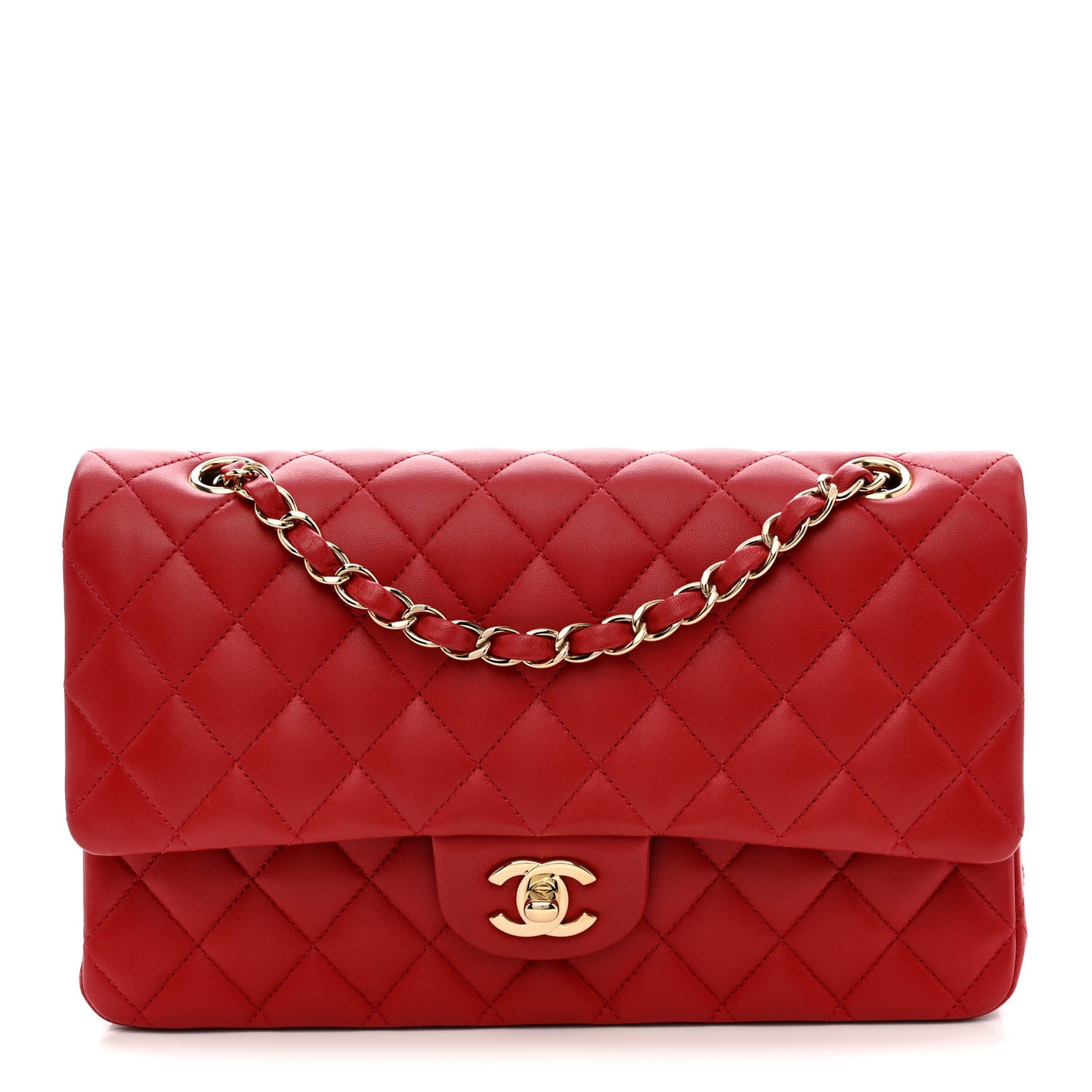 Lambskin Quilted Medium Double Flap Red