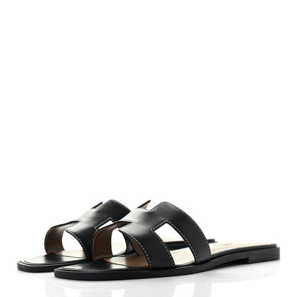 Hermes Box Calfskin Oran Sandals 37.5 Black 3 of 8