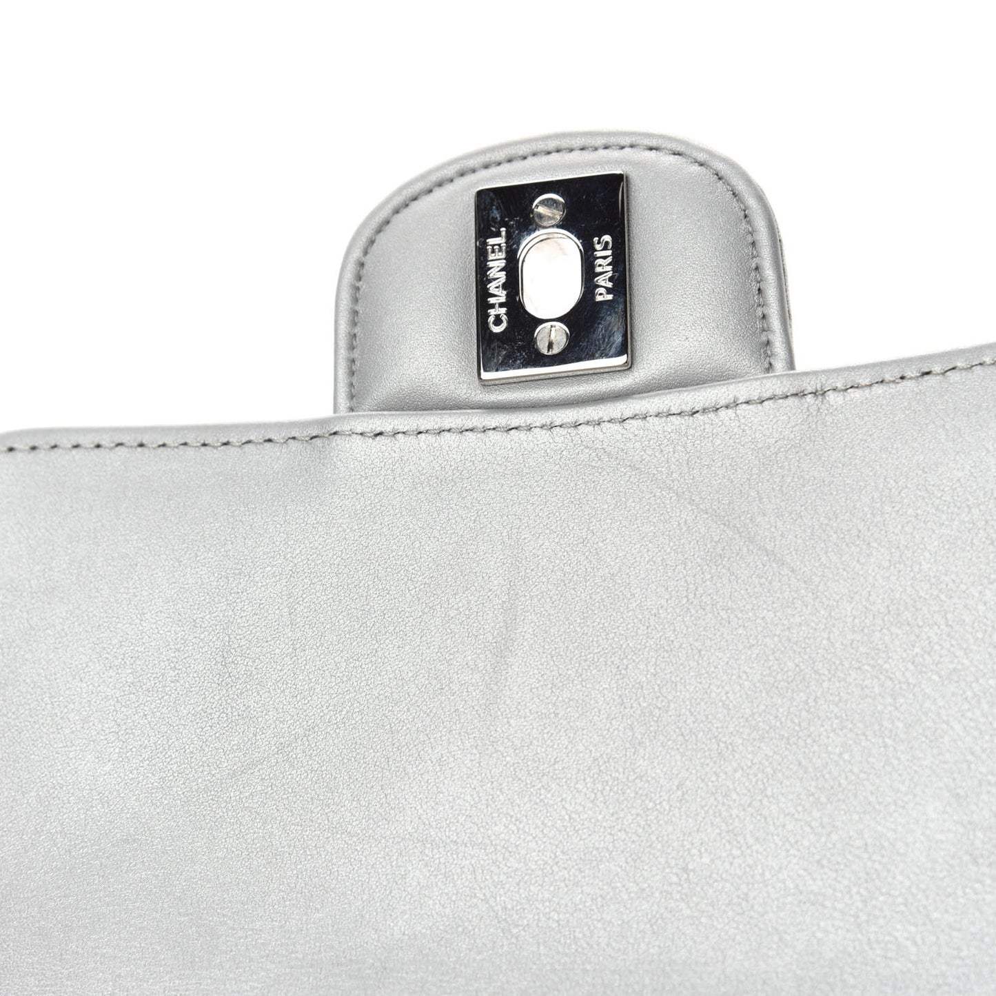 Metallic Patent Crumpled Calfskin Chevron Quilted Mini Square Flap Silver