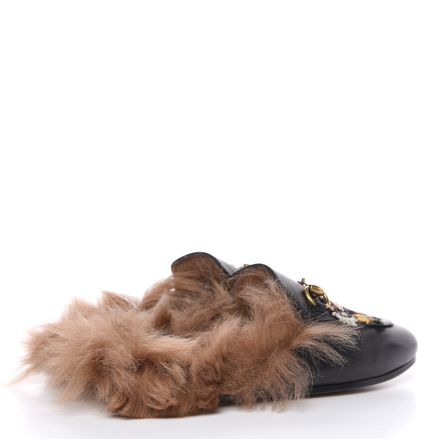 Calfskin Fur Tiger Embroidered Womens Princetown Slippers 34.5 Black