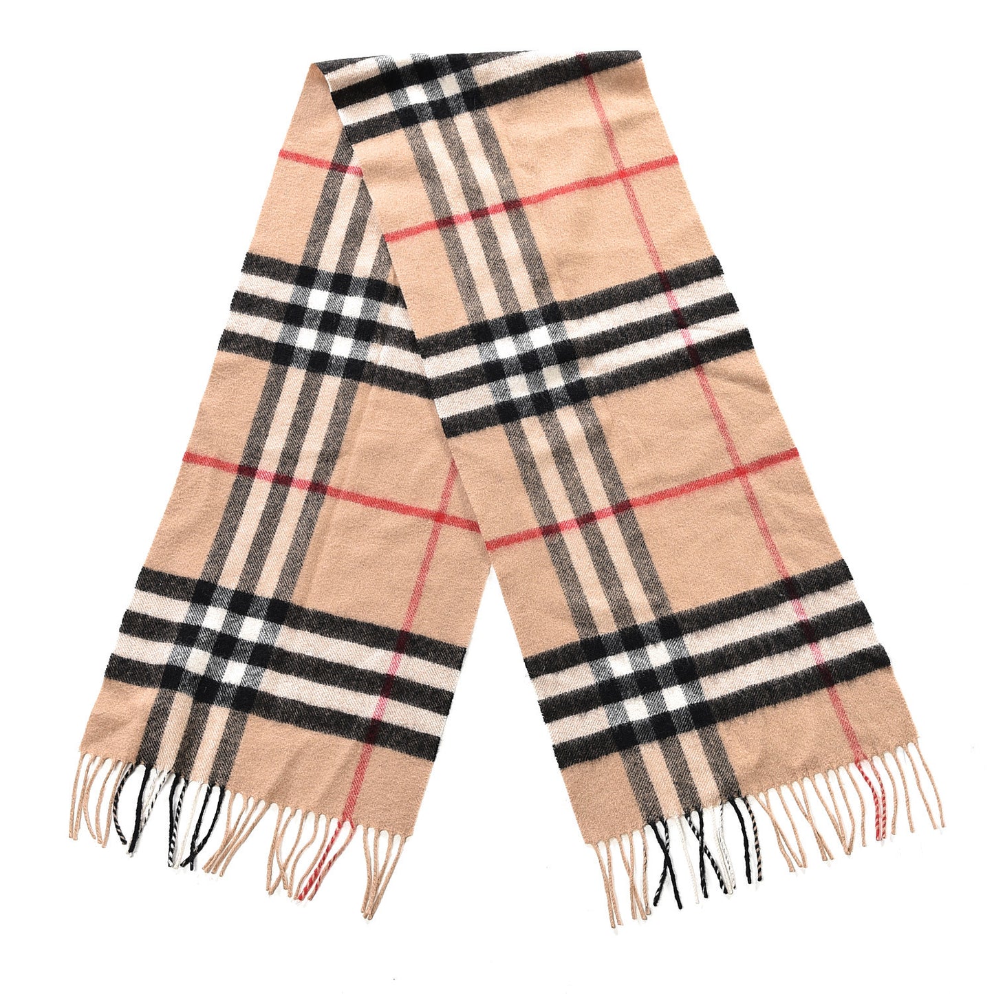 Cashmere Giant Check Fringe Scarf Camel