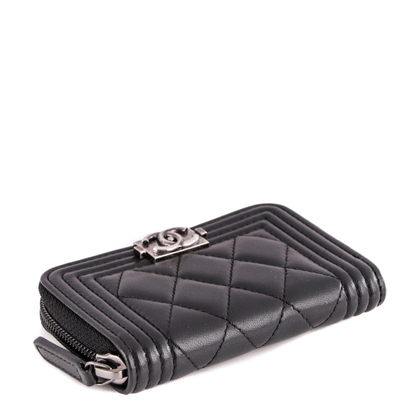 Lambskin Quilted Zip Around Boy Coin Purse Wallet Black