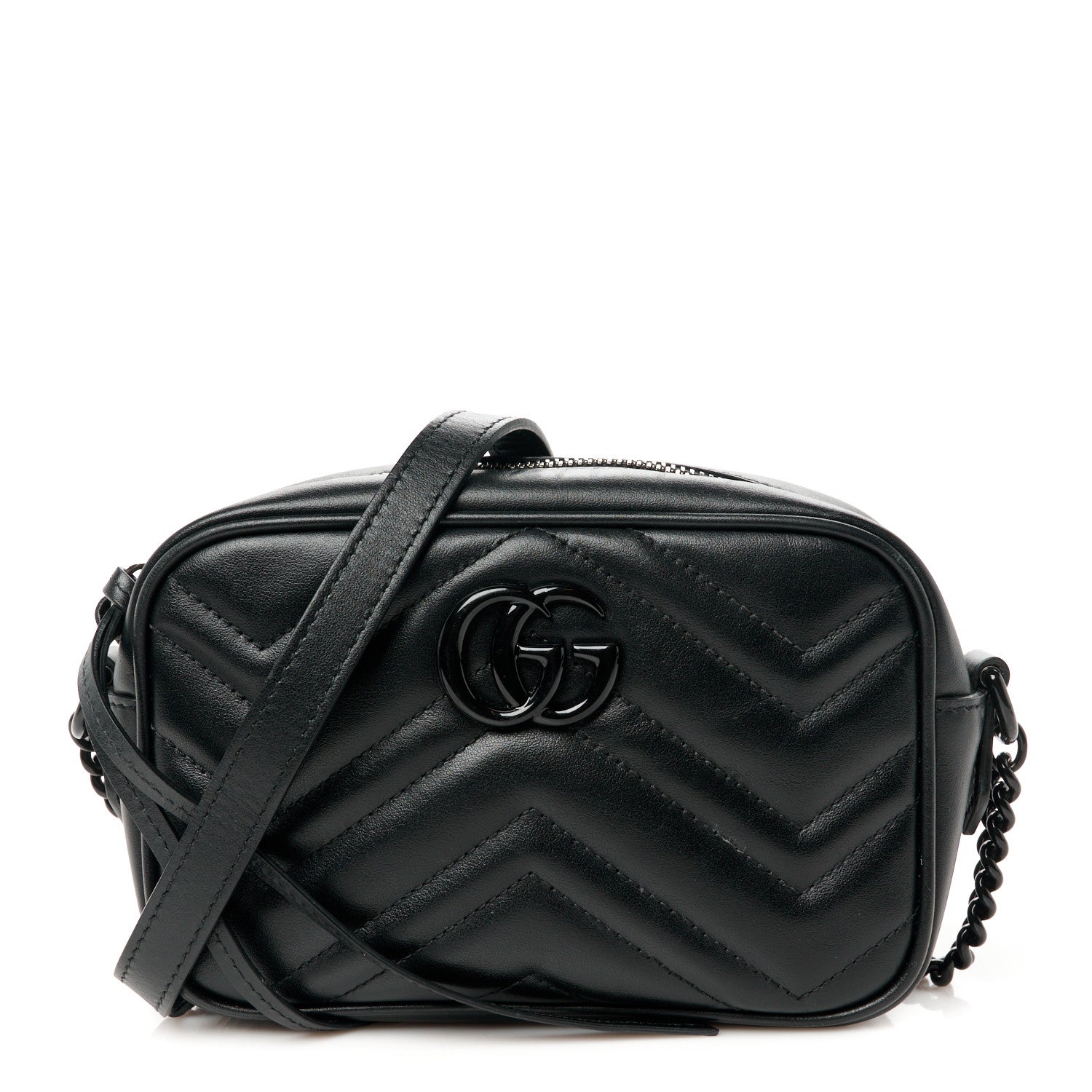 Gucci Calfskin Matelasse Monochrome Mini GG Marmont Chain Shoulder Bag Black 1 of 10