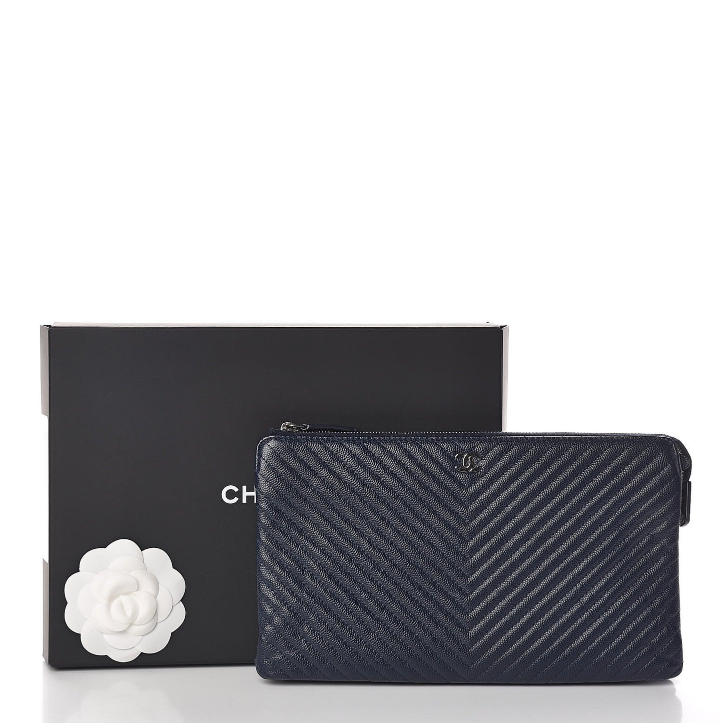 Caviar Chevron Quilted Small Zipped Pouch Navy